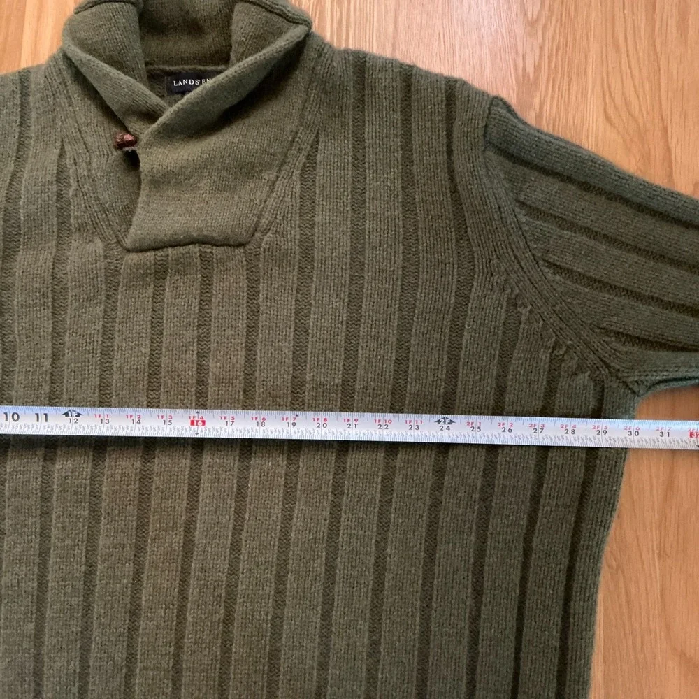 Lands' End XXL Shawl Collar Sweater‎ Green Merino Wool Blend Ribbed Knit